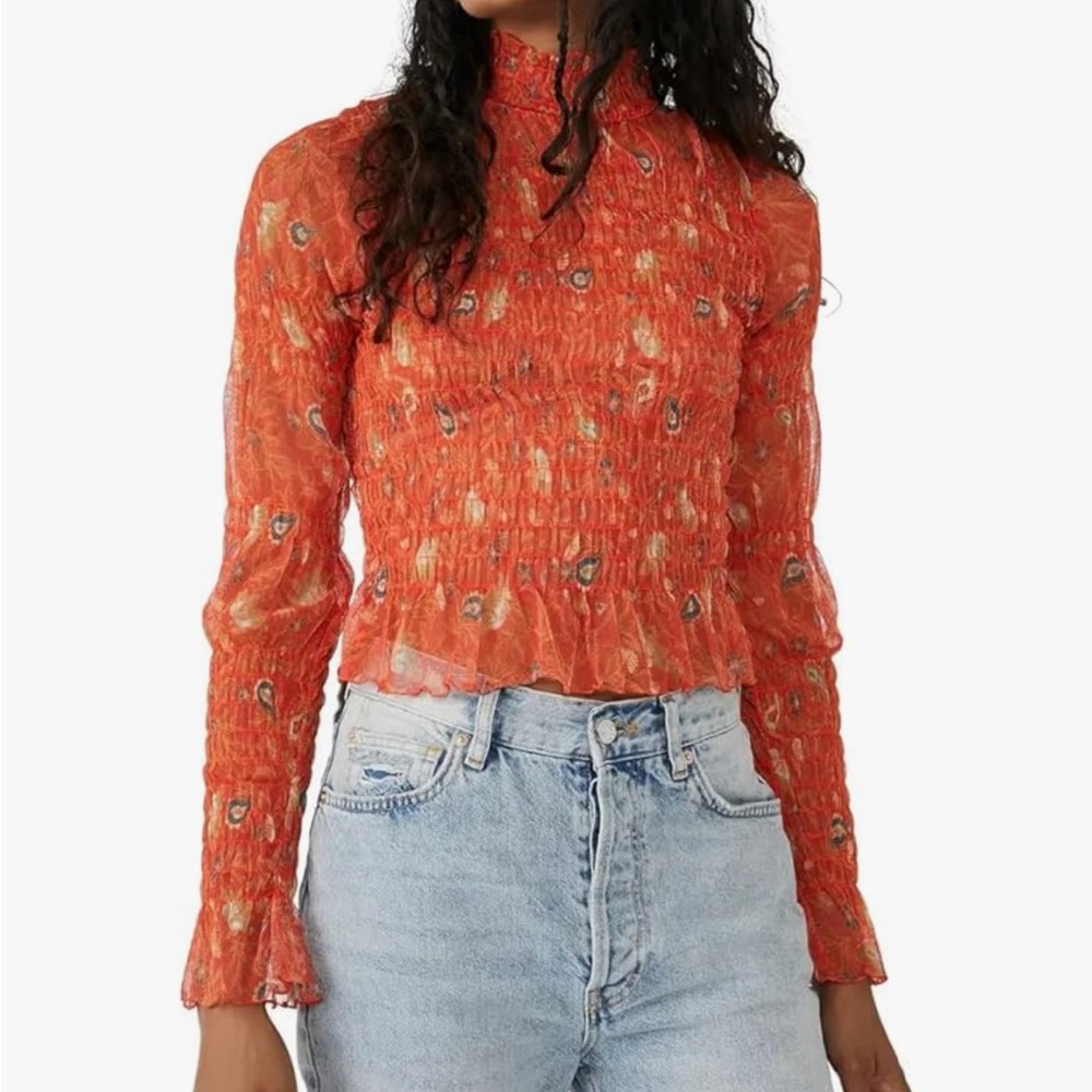 Free People Coral Floral Smocked Blouse